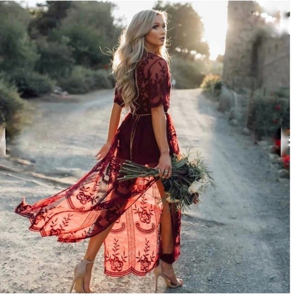 Dresses & Skirts - Bella Ella Boho Lace Maxi Dress Wine Size Small Maroon Cottagecore Wedding Guest